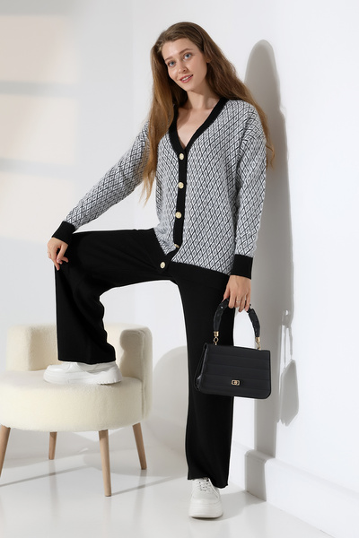 ALCHON V-Neck Long Sleeve Jacquard Panel Button Soft Textured Cardigan Straight Pipe Leg Pants Double Knitwear Suit