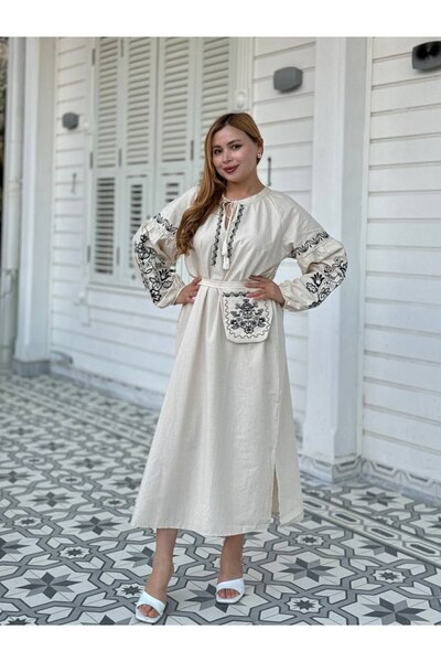 369 etnik butik Embroidery Detailed Long Sleeve Midi Dress