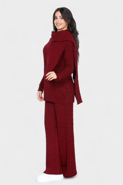 NEWCO Loose Cut Scarf Detail Pants and Long Sleeve Knitwear Set with Stylish and Comfortable Design