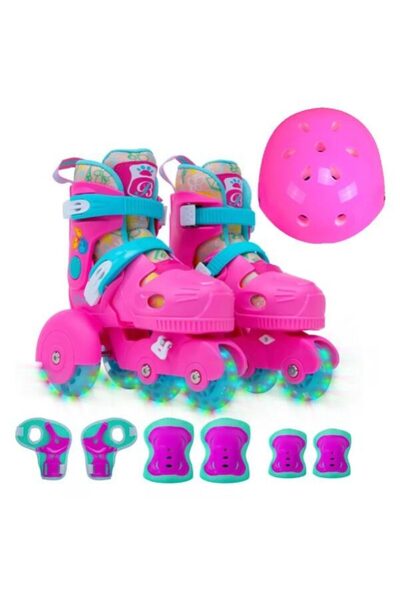 OEM Children's roller skates with LED lights and complete protection set, Pink, adjustable sizes 30-33