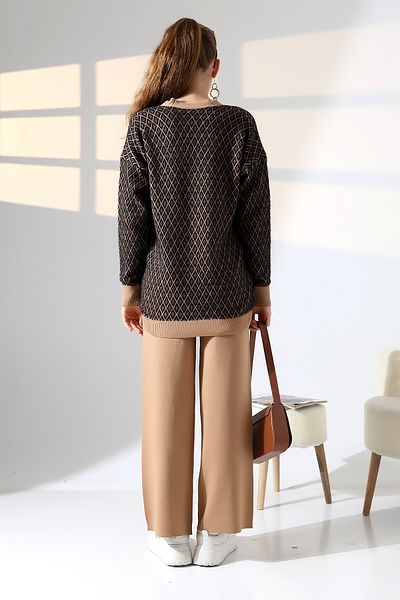 ALCHON V-Neck Long Sleeve Jacquard Panel Button Soft Textured Cardigan Straight Pipe Leg Pants Double Knitwear Suit