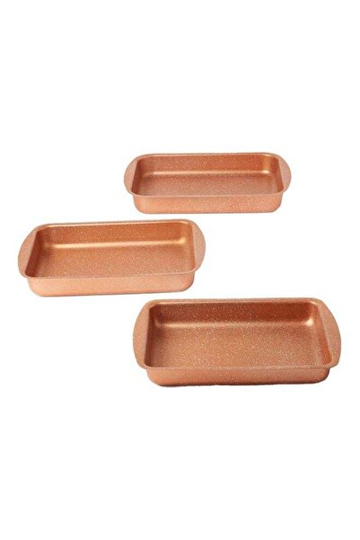 Generic مجموعة قوالب جرانيت مربعة من ديسيني، مكونة من 3 قطع، صينية خبز صغيرة باللون الذهبي الوردي (32 × 22)، صينية خبز متوسطة (