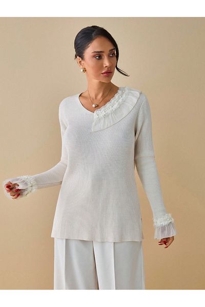 DAMGA Collection Stylish Detailed Knitwear Blouse - Long Sleeves, Decorative Tulle and Ruffle Detail