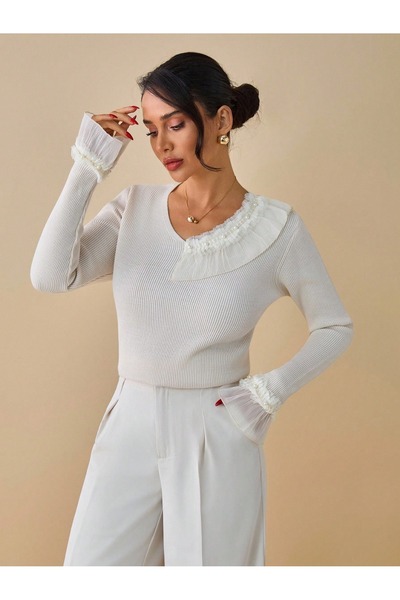 DAMGA Collection Stylish Detailed Knitwear Blouse - Long Sleeves, Decorative Tulle and Ruffle Detail