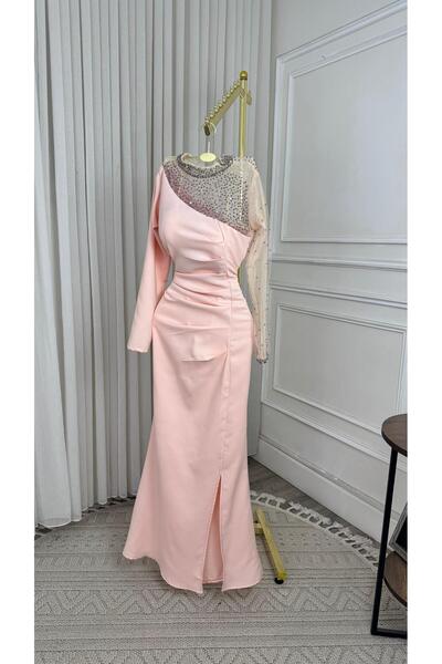 leevan fashion Elegant pink evening dress with sequins on the chest