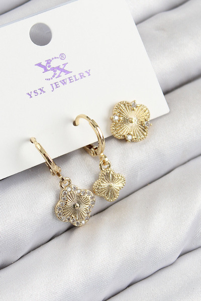 Skygo Brass Zircon Stone 3-Piece Clover Model Gold Color Women's Earrings - Tj-Bkp11135
