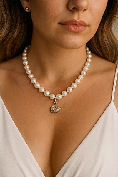 PRVT Kadın İnci Kolye Kuğu Figürlü | Kararmaz Çelik, Abiye & Özel Gün Takısı