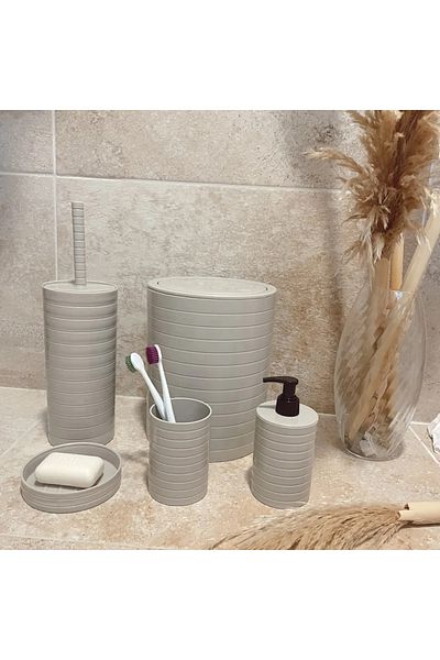 SepetBudur Bathroom Set 5-Piece Cream Dustbin WC Brush Holder Liquid Soap Dispenser Solid Soap Dispenser