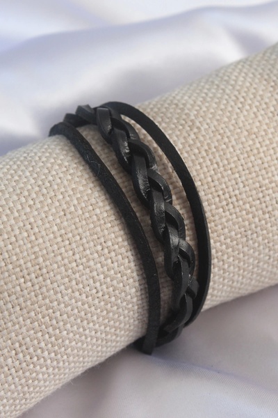 Silerra Black Knitted Model Leather Men's Bracelet