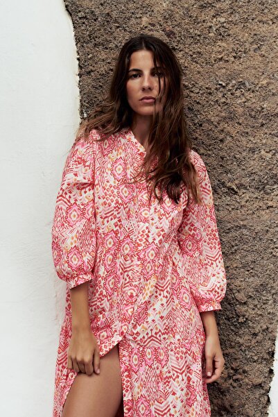 BYŞANS Women's Pink, Front Length Buttoned, Three Quarter Sleeve Bohemian Dress 26A38962