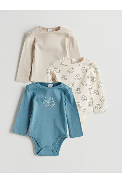 LC Waikiki Beige Crew Neck Printed Baby Boy Snap Fastener Bodysuit, Pack of 3