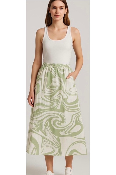 SheLoria Women's Green Elastic Waist Double Pocket Patterned Midi Length Moda...