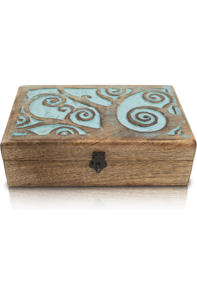 The Great Indian Bazaar Cutie ornamentală sculptată în lemn maro, 20 x 12 x 6 cm, cu marcaje albastre