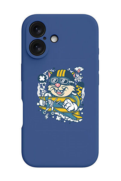 Theodor iPhone 16 Blue Protective Liquid Silicone Shockproof Case - cat on plane