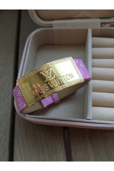 GUNESTAKI Pink Gold Shiny Metallic Brand Model Leather Cord Luxury Bracelet