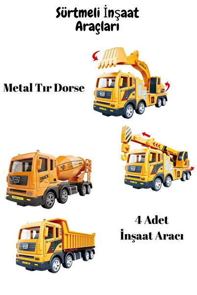 welcomein Toy Frictional Metal 1:50 Scale Earthmoving Truck Mixer Crane Excavator Grab 4 in 1
