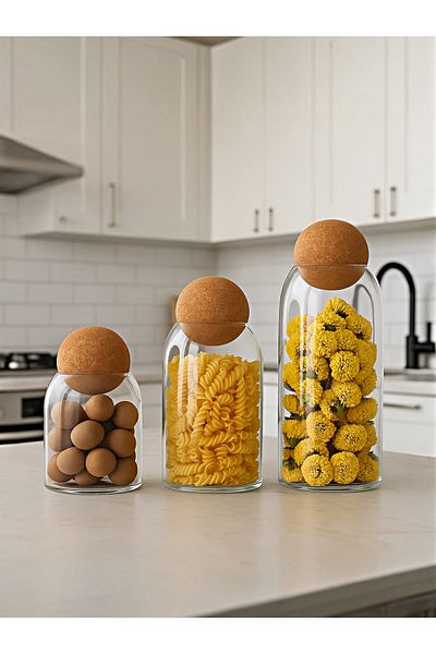 Kezze Set of 3 Glass Jars with Ball Cork Lids and Spice Rack Luxury Storage Container