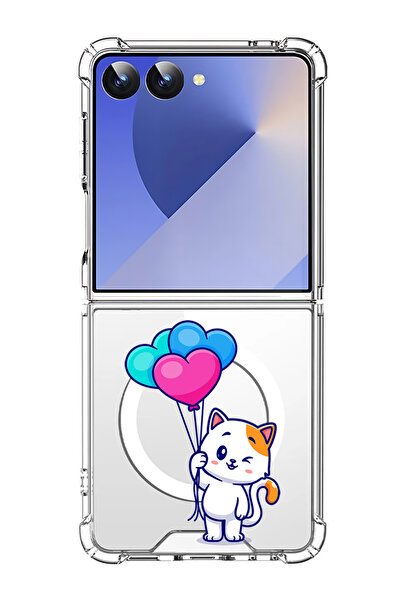 Theodor غلاف لهاتف Samsung Z Flip 7 من MagSafe، غطاء هاتف مقاوم للصدمات على شكل قطة تحمل بالونات