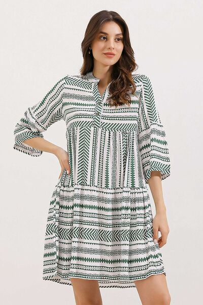 Hiccup Geometric Pattern Mini Dress with Shirt Collar