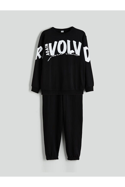 LC Waikiki Black Crew Neck Printed Boys Tracksuit Set