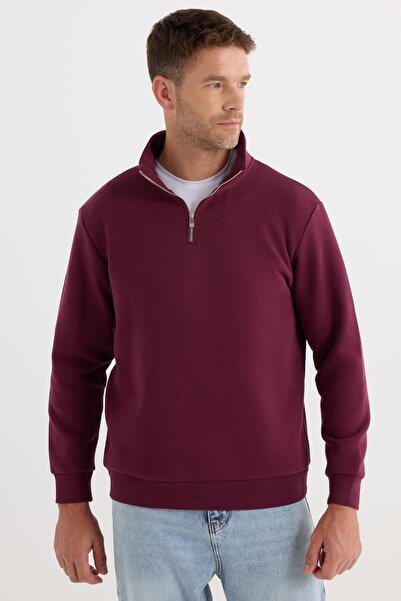 Tudors Φούτερ Unisex Relax Fit Άνετο Κομμένο Βαμβακερό Φλις με μισό φερμουάρ με όρθιο γιακά σε μπορντό χρώμα