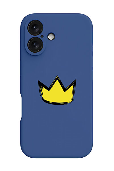 Theodor iPhone 16 Blue Protective Liquid Silicone Shockproof Case - Yellow Crown
