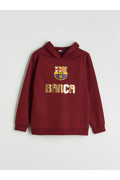 LC Waikiki Claret Red Hooded Barcelona Printed Boys Tracksuit Set