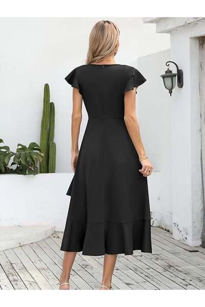 MISSUFE Elegant summer dress, above-knee length, V-neck, hidden zipper on the back, black S