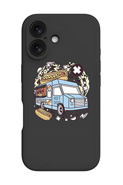 Theodor جراب حماية أسود من السيليكون السائل المقاوم للصدمات لهاتف iPhone 16 Plus - باص هوت دوج