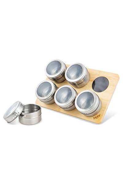 Zass Set of 7 Gourmet ZG-MSR 01 spice containers with magnetic holder, 6.3 x 4 cm, Silver