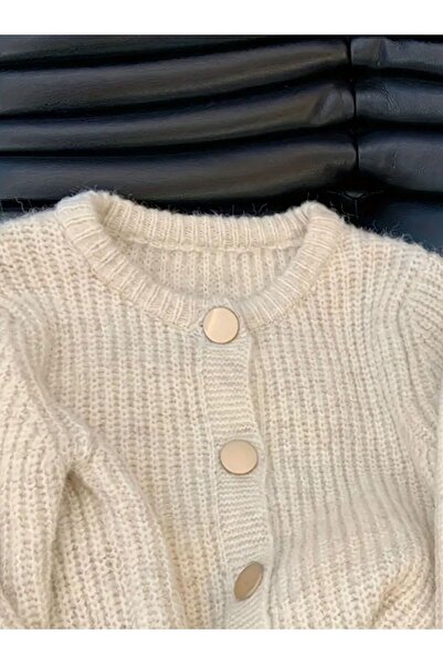 ANUBİS Kadın Gold Düğme Detaylı Bisiklet Yaka Triko Hırka