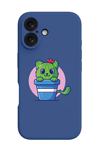 Theodor غطاء حماية سيليكون سائل مقاوم للصدمات لجهاز iPhone 16 أزرق - قطة صبار...