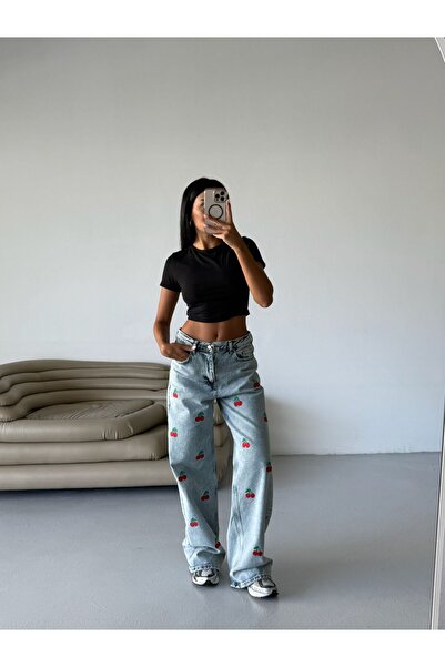Bravebell Blue Cherry Embroidered Baggy Jean Trousers