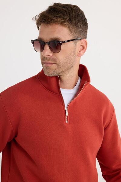 Tudors Unisex Relax Fit Rahat Kesim Pamuklu İçi Polarlı Yarım Fermuarlı Kırmızı Dik Yaka Sweatshirt