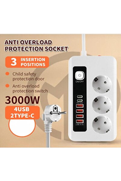 Moxti 3’lü priz, 3 soketli, termal akım korumalı, power tuşlu, 4 USB + 2 Type-C çıkışlı çoklu priz.