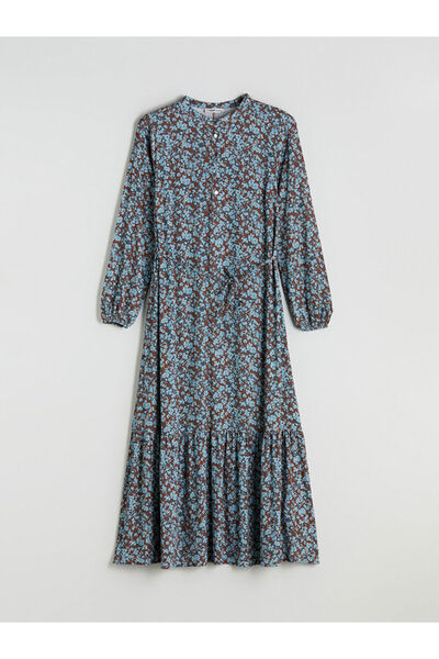 LC Waikiki Mavi Bisiklet Yaka Çiçekli Pileli Elbise