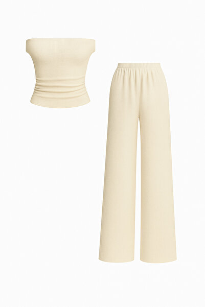 meren like your style Beige Side Gathered Off Shoulder Loose Pants Bottom Top Set