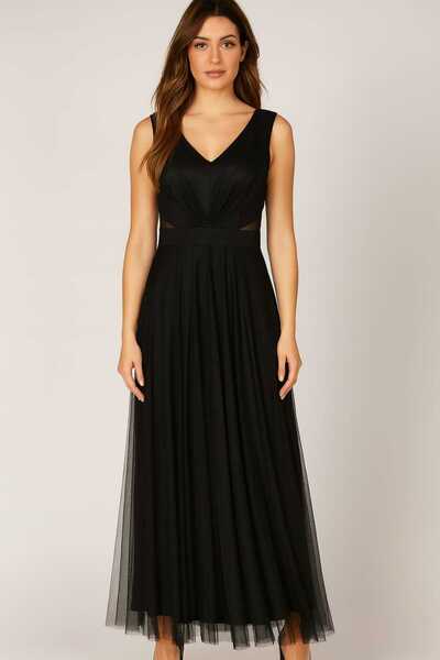 ŞIK VE MUTLU Black Evening Dress with Tulle Details