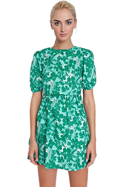 PayBuy فستان نسائي قصير منقوش بالزهور وياقة دائرية وأكمام قصيرة صيفي كاجوال م...