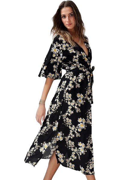 PayBuy Women's Maxi Dress Floral Pattern A-Line Double Breasted Collar Viscos...