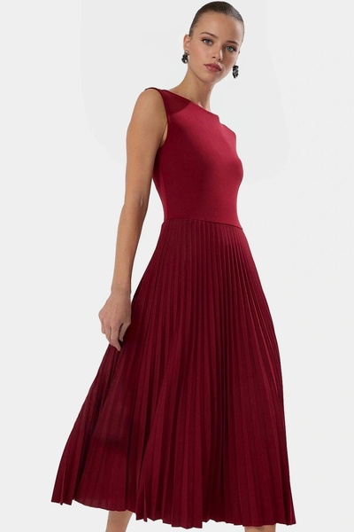 PayBuy Women's Pleated Midi Dress Boat Neck Sleeveless Scuba Crepe Special Design Evening Dress Daily Use