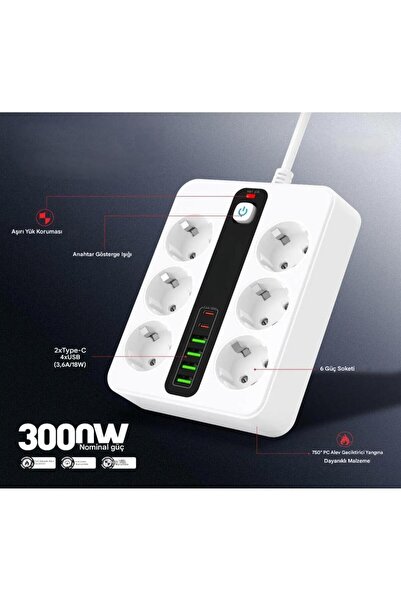 Moxti 3000W Akım Korumalı 4 USB'li ve 2 TYPE-C li 6'lı Grup Priz 2 m Uzatma