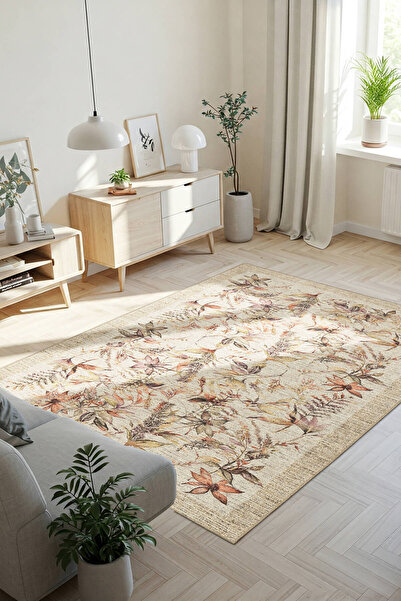ARTLOOP Florart Bej / Turuncu Vintage Dokulu Çiçek Desenli Dokuma Tabanlı Şönil Halı AL 470
