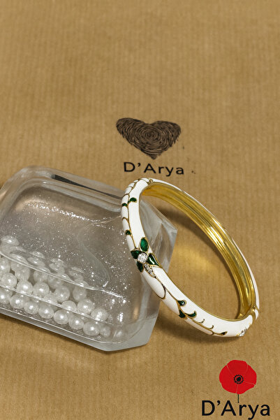 Darya سوار ذهبي بنمط زهور بيضاء وخضراء عتيقة مطلي بالمينا DD493