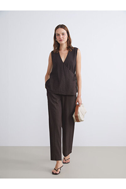 LC Waikiki Brown Elastic Waist Textured Wide Leg Women's Trousers