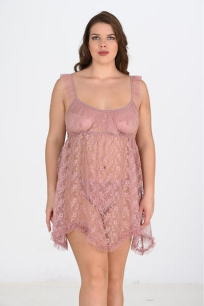 Bleu Petite Plus Size Women's Lace Tulle Nightgown Panty Set