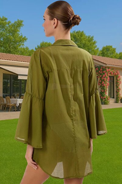 PayBuy Γυναικείο φόρεμα παραλίας με λαιμόκοψη μακρυμάνικο βαμβακερό Voile καλοκαιρινό casual κομμένο καθημερινή χρήση