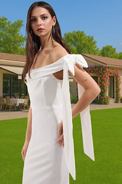 PayBuy Kadın Maxi Abiye Elbise Omuz Fiyonk Detaylı Krep Kumaş Modern Stil Özel Günler Günlük Kullanım