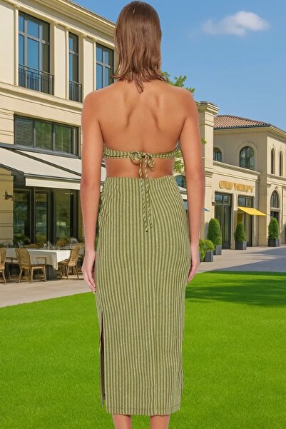 PayBuy Kadın Maxi Örme Elbise Halter Yaka Çizgili Desen Yazlık Plaj Şıklığı Yaz Aylarının Vazgeçilmezi
