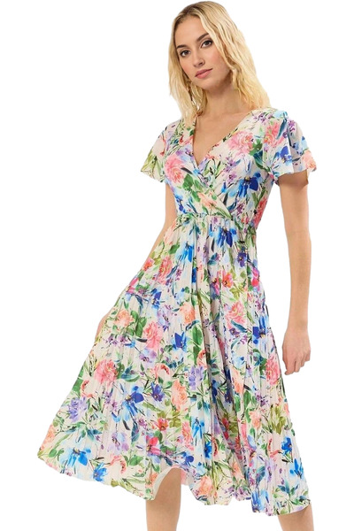 PayBuy Kadın Midi Boy Piliseli Elbise Çiçekli Desenli V Yaka Astarlı Günlük S...